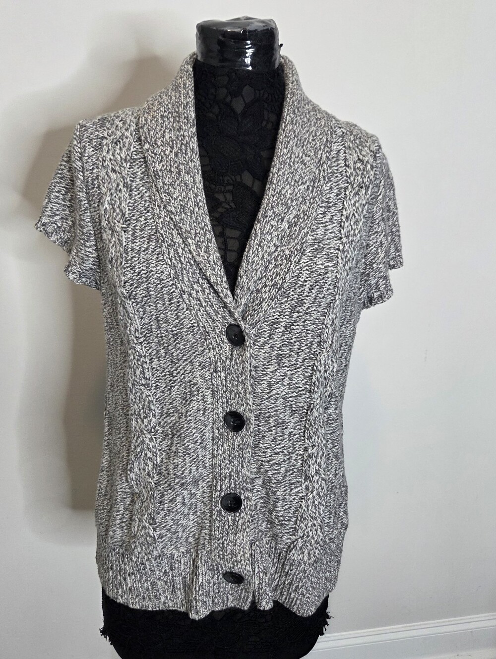 Old Navy Women's L Cable Knit Short Sleeve Cardigan Shawl Collar Marled Gray